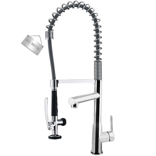 Commercial Kitchen Faucet with 26.25" High Arch Pull-Down Sprayer, Solid Brass Single Handle Pre-Rinse Spring Kitchen Sink Faucet with Dual-Function Spray Head, Chrome Double-Headed Kitchen Faucets