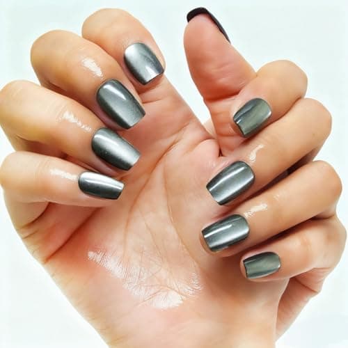 Melines 30pcs Black Cat Eye Short Square Press On Nails, Reusable Nail Kit with Nail Adhesive Tabs Mini Nail File, 15 Sizes (Moonlight)