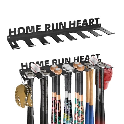 Sahans Baseball Bat Storage Rack Wall Mount Softball Holds 14 Bats Metal Organizer Heavy Duty Steel Sports Display Holder Home and Field Equipment Hanger Hooks Hardware Included Home Run