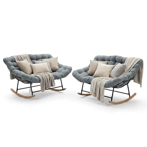Nestilly 2 Piece Outdoor Double Loveseat Rocking Chair with 6" Cushion, Set of 2 Oversized Patio Papasan Egg Rocking Lounge Loveseat Chair for Bedroom, Living Room, Porch, Garden, Lawn,Balcony