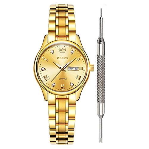 OLEVS Women's Waterproof Gold Crystal Accent Watch for Women Best Women's Analog Quartz Roman Numerals Dial Small CZ Gold Fine Fashion Valentine's Christmas Gift for Her Watch