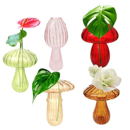 Plant Propagation Station, Set of 5 Colored Propagation Vases for Plants, Small Mushroom Glass Vase for Hydroponics Home Garden Office Decoration, Cute Decor Planter Terrarium Jar Gifts for Women