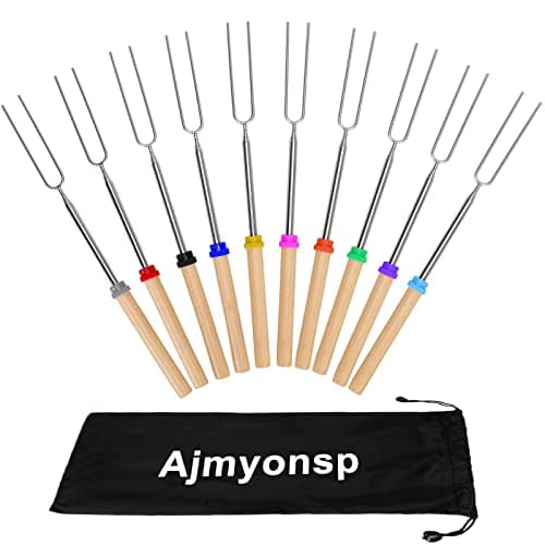 Ajmyonsp 10Pcs Marshmallows Roasting Sticks Smores Skewers for Fire Pit Extendable Hot Dog Sticks for Campfires, 32Inch Extras Long Telescoping Forks with Wooden Handles