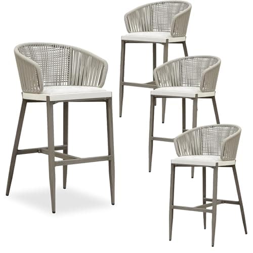 PURPLE LEAF Outdoor Rattan Bar Height Stools Set of 4 Modern Patio Metal Wicker Barstools Boho Aluminum Woven Bar Chairs with Wraparound Arm Backrest for Kitchen Island Garden Indoor Champagne