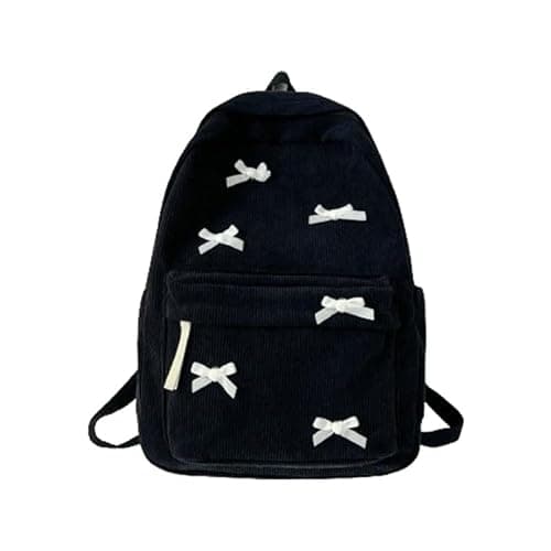 KAOBIO Women Preppy Y2k Aesthetic Corduroy Backpack Kawaii Laptop Backpack Cute Coquette Bow Harajuku College Daypack (Black Bow)