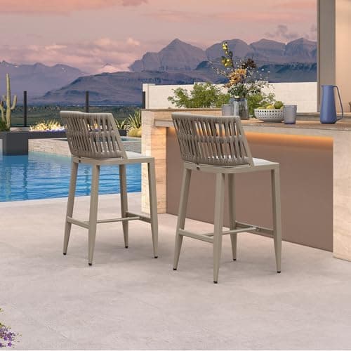 PURPLE LEAF Outdoor Bar Height Stools Set of 2 Wicker Rattan Armless Patio Barstools Woven Modern Bar Chairs with Backrest and Cushions for Garden Outside Champagne
