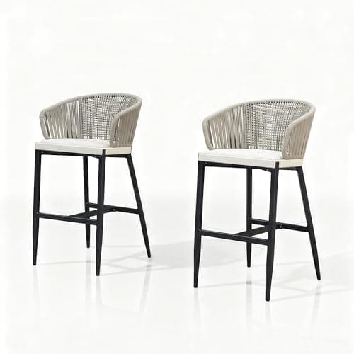 PURPLE LEAF Outdoor Rattan Bar Height Stools Set of 2 Modern Patio Metal Wicker Barstools Boho Aluminum Woven Bar Chairs with Wraparound Arm Backrest for Kitchen Island Garden Indoor Gray