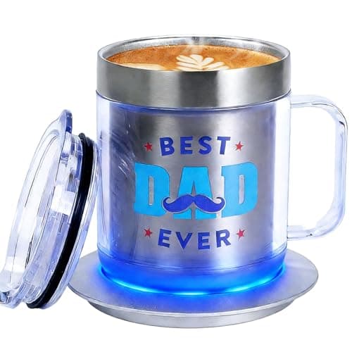 AURAGIFTBS Glowing Heated Coffee Mug Warmer & Best DAD Ever Mug Set, 12oz Electric Heating Coffee Mug, Dad Gifts from Daughter Son(Silver DAD-12oz)