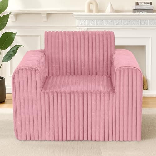 lilanoon Giant Bean Bag Chair for Adults, Non-Slip Floor Sofa with High Backrest & Wider Armrest, Upgrade Whole Sponge Bean Bag Sofa Couch for Bedroom Living Room(Large,Pink,Stripe Plush)
