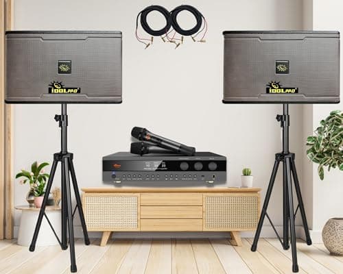 Karaoke System IDOLmain 1200W 10-inch Speaker with 4000W Digital Mixing Amplifier with Bluetooth, HDMI, Optical Input, Recording and 10 Bands Equalizer Free Wireless Microphones Included