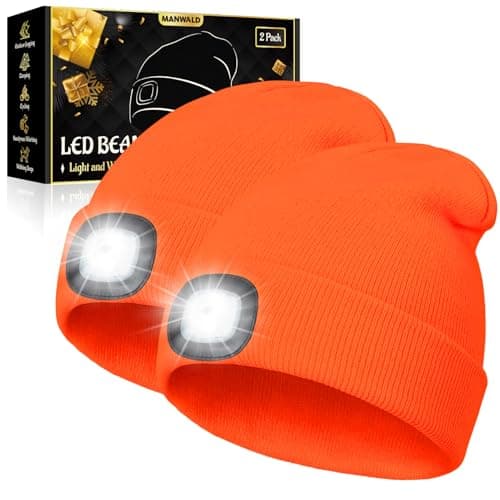 MANWALD LED Beanie Hat with Light, USB Rechargeable LED Headlamp, Christmas Stocking Stuffers for Men Adults, Gifts for Men Him Husband, Boyfriend, Orange, 2PCS