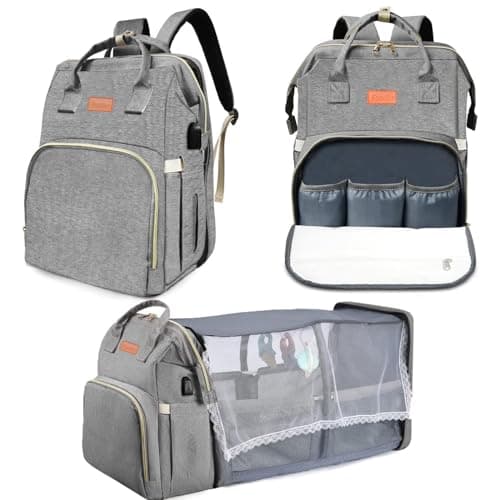 Fandiar Diaper Bag with Changing Station, Baby Diaper Bag with USB Charging Port, Multi-functional Waterproof Travel Essentials Diaper Bag Backpack for Boys & Girls, Gray