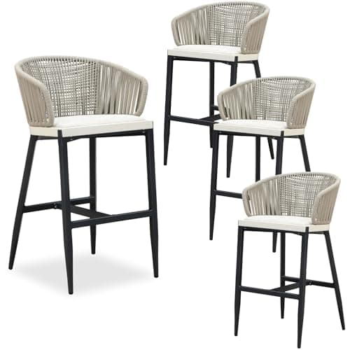 PURPLE LEAF Outdoor Rattan Bar Height Stools Set of 4 Modern Patio Metal Wicker Barstools Boho Aluminum Woven Bar Chairs with Wraparound Arm Backrest for Kitchen Island Garden Indoor Gray