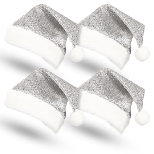 Christmas Decorations Santa Hat for Adults Christmas Hat Xmas Santa Hats Cap Pack of 4 (Silver)