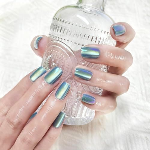 Melines 30pcs Blue Cat Eye Short Square Press On Nails, Reusable Nail Kit with Nail Adhesive Tabs Mini Nail File, 15 Sizes (Opal Blue)