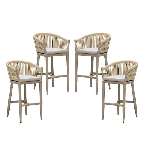 PURPLE LEAF Outdoor Bar Height Stools Set of 4 Patio Metal Modern Wicker Bar Chairs Woven Aluminum Barstools with Back and Cushions for Balcony Garden Indoor Kitchen Poolside Champagne