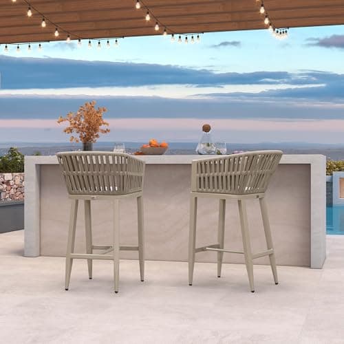 PURPLE LEAF Outdoor Bar Height Stools Set of 2 for Overweight Wicker Rattan Patio Barstools Woven Modern Bar Chairs with Backrest and Cushions for Garden Outside Champagne