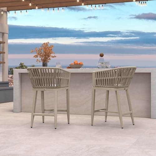 PURPLE LEAF Outdoor Counter Height Bar Stools Set of 2 for Overweight Wicker Rattan Patio Barstools Woven Modern Bar Chairs with Backrest and Cushions for Garden Outside Champagne