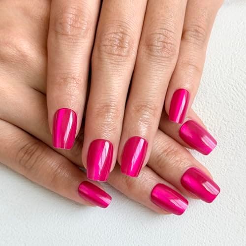 Melines 30pcs Hot Pink Cat Eye Short Square Press On Nails, Reusable Nail Kit with Nail Adhesive Tabs Mini Nail File, 15 Sizes (Red Pitaya)