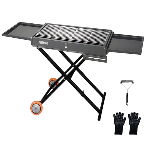 Dual-purpose Outdoor BBQ Charcoal Grill with Side Table, Foldable Cart Table with Wheels for Outdoor Backyard, Patio and Parties (Dustproof Gray)