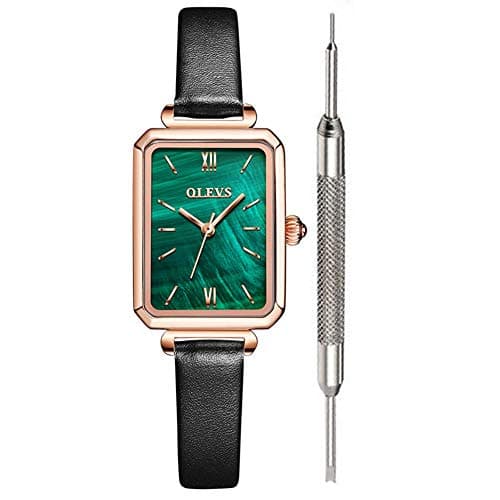 OLEVS Fashion Square Leather Black Watches for Women Green Stone Square Retro Watch Ladies Gold Analog Quartz Watches for Women Classic Green Face Womens Watch