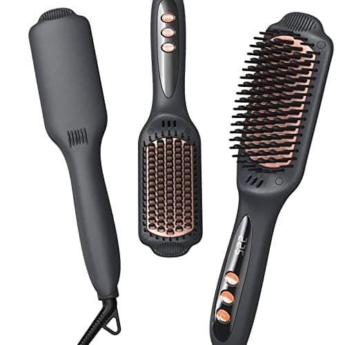 LANDOT Hair Straightener Brush for Thick Curly Hair - Ionic Ceramic Straightening Brush with Dense Bristles & 12 Temp Settings, Dual Voltage, Fast Heating for Frizz-Free Smooth Hair, Black