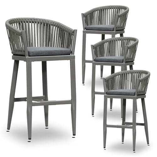 PURPLE LEAF Outdoor Bar Height Stools Set of 4 Patio Metal Modern Wicker Bar Chairs Woven Aluminum Barstools with Back and Cushions for Balcony Garden Indoor Kitchen Poolside Slate Gray