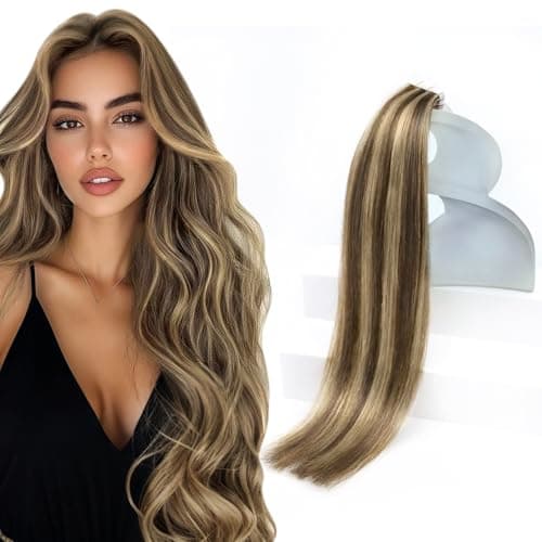 Sunny Hair Tape in Hair Extensions Real Human Hair Invisible Remy Hair Extensions Tape ins for Women Dark Brown Highlight Caramel Blonde 22 inch 20Pcs 50G
