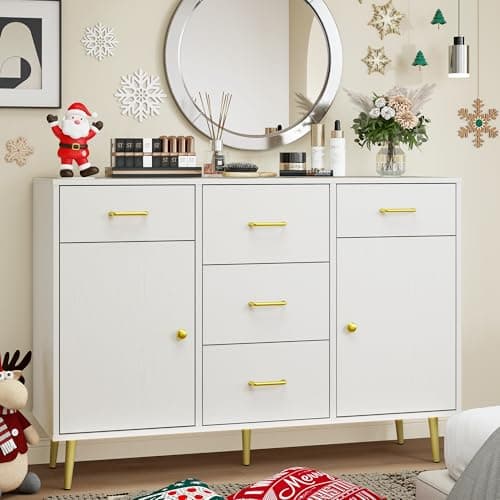 Wood 5 Drawer Dresser for Bedroom with 2 Doors, 48" Wide Modern Chest of Drawers with Metal Handle, Wooden Dresser TV Stand, Wood Closet Clothes Storage Organizer for Living Room, Hallway, White Oak
