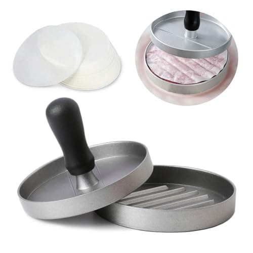 Junvaia Hamburger Press Patty Maker for Grill Burger, Smasher Burger Press with 100 Pieces Patty Papers, Non-Stick Hamburger Patty Maker, Hamburger Patty Press Mold Burger Maker for Kitchen Grilling