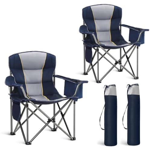 HIGH POINT SPORTS Oversized Portable Camping Folding Chair, Heavy Duty Portable Lawn Chairs, Folding Chairs for Outside with Cup Holder and Cooler Bag for Camp, Travel, Support 450 LBS, 2 Pack,Blue