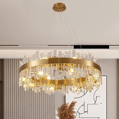Wndtu Crystal Gold Round Chandelier Modern Light Fixture Raindrop Chandelier Hanging Lighting for Dining Living Room Kitchen Island W32