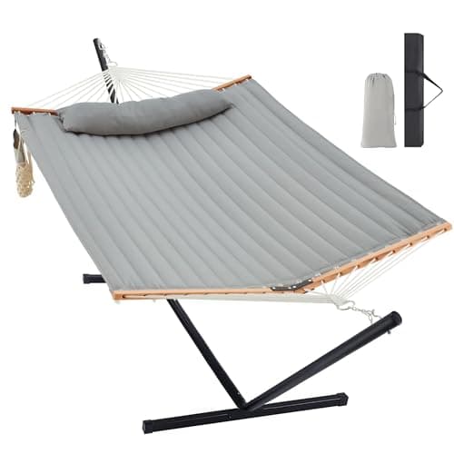 Homgava Two Person Hammock with Stand for Outside Heavy Duty, Outdoor Patio Hammock with Portable Steel Stand, Large Double Hammocks,480lbs Capacity.(Middle Grey)