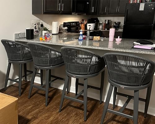 PURPLE LEAF Outdoor Bar Height Stools Set of 4 Patio Metal Modern Wicker Rattan Bar Chairs Woven Aluminum Barstools with Back and Cushions for Balcony Garden Indoor Kitchen Outside Gray