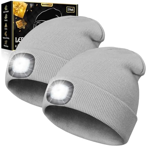 MANWALD Gifts for Men, LED Beanie Hat with Light,USB Rechargeable LED Headlamp, Christmas Stocking Stuffers for Men Adults, Birthday Gifts for Him Dad Husband, Boyfriends, Grey, 2 Pack