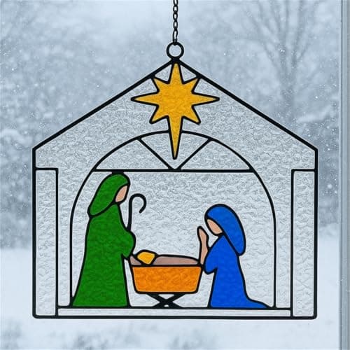 Nativity Scene Suncatcher Stained Glass Christmas Window Decor 5" The Savior is Born Suncatcher Christmas Jesus Window Ornament Hanging Holiday Housewarming Gift for Friends