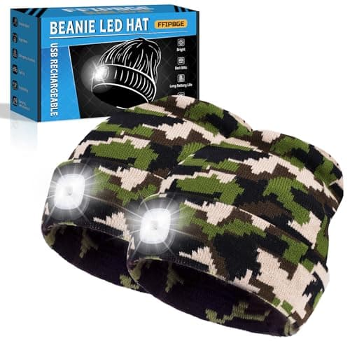 Christmas Stocking Stuffers for Men Adults, Beanie Hats with Light, USB Rechargeable LED Hand Free Headlamp, Birthday Gifts for Men, Women, and Teens, Ideal for Camping, Hiking, 2 Pack, Camouflage