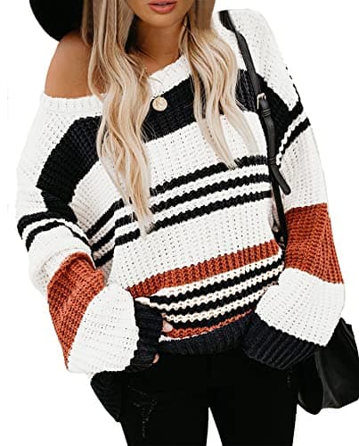 KIRUNDO Women's 2025 Fall Winter Striped Color Block Short Sweater Long Sleeve Crew Neck Casual Loose Knit Pullover Tops(X-Large, 1977-Orange)