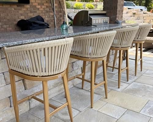 PURPLE LEAF Outdoor Bar Height Stools Set of 4 Patio Metal Modern Wicker Bar Chairs Woven Aluminum Barstools with Back and Cushions for Balcony Garden Indoor Kitchen Poolside Teak