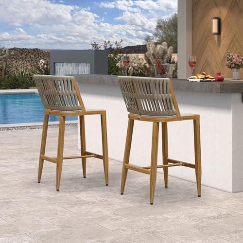 PURPLE LEAF Outdoor Bar Height Stools Set of 2 Wicker Rattan Armless Patio Barstools Woven Modern Bar Chairs with Backrest and Cushions for Garden Outside Teak