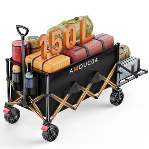 Wagon Cart Foldable, Collapsible Wagon with Expandable Storage, 150L Foldable Grocery Cart with 2 Cup Holders for Outdoor, Garden, Camping &Groceries