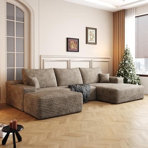 RENDGO 108" Cloud Boneless Sectional Couch for Living Room,Modular U Shaped Couch with Deep Seat,Removable Ottoman,Memory Foam Compressed Spineless 4 Seater Sofa for Apartment,Camel