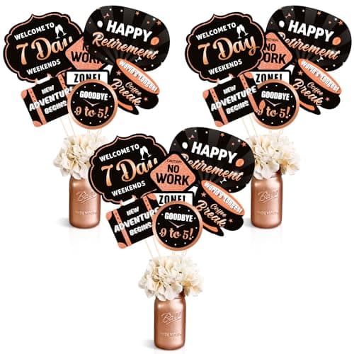 Bessmoso 24Pcs Retirement Party Centerpieces Women Rose Gold Happy Retirement Party Centerpieces Sticks Glitter Table Toppers Decorations Party Photo Booth Props