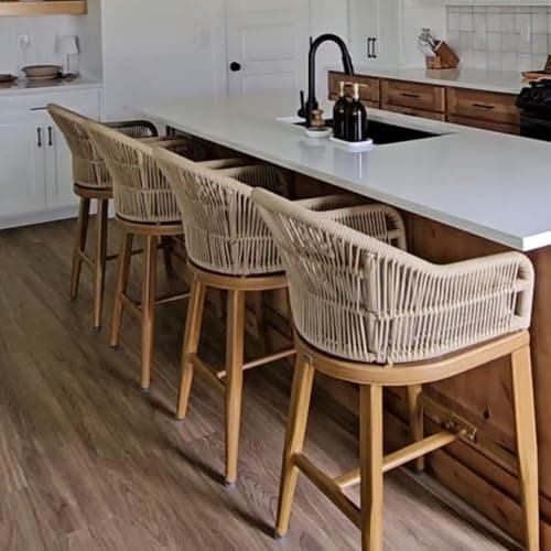 PURPLE LEAF Outdoor Bar Height Stools Set of 4 Patio Metal Modern Wicker Rattan Bar Chairs Woven Aluminum Barstools with Back and Cushions for Balcony Garden Indoor Kitchen Outside Teak