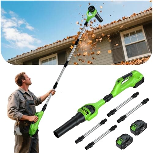 Hooseen Roof Gutter Cleaning from The Ground, 21V Leaf Blowers Cordless with 2 Battery, Adjustable Pole (98inch)3 Speed Modes 500CFM/180MPH for Gutter Cleaner Extension Attachment Kit for Garden,House