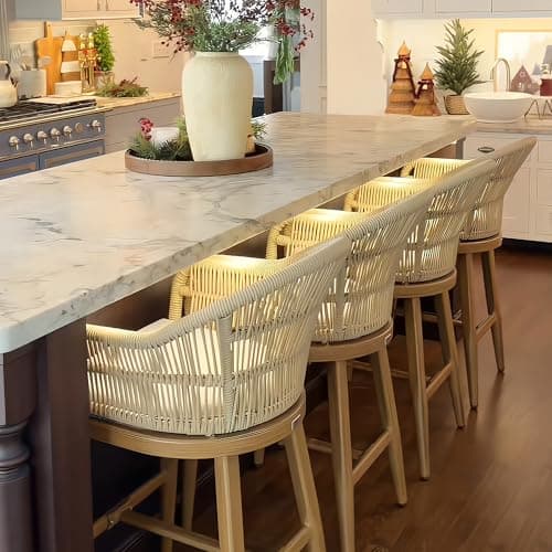 PURPLE LEAF Outdoor Counter Height Bar Stools Set of 2 Patio Metal Modern Wicker Rattan Bar Chairs Woven Aluminum Barstools with Back and Cushions for Balcony Garden Indoor Kitchen Outside Teak