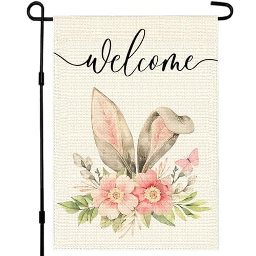 Easter Garden Flag for Outdoor 12x18 Double Sided, Bunny Ears with Flowers Small Yard Flag, Holiday Decors for Spring Outside Farmhouse Holiday