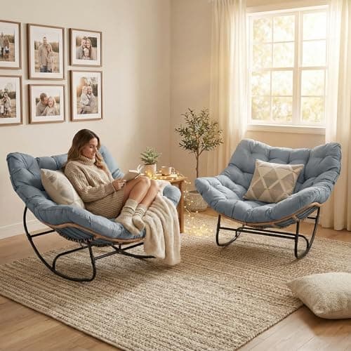 Nestilly Outdoor Rocking Chairs Set of 2, Oversized Outdoor Papasan Rocking Chair with 6" Cushion,Patio Egg Rocking Lounge Furniture Chair for Bedroom, Living Room, Porch, Garden, Lawn,Balcony