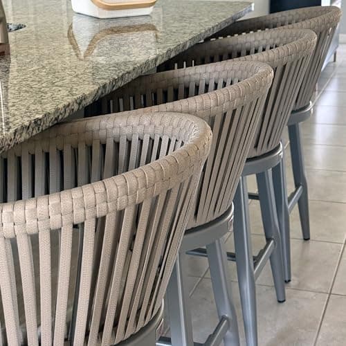 PURPLE LEAF Outdoor Counter Height Bar Stools Set of 2 Patio Metal Modern Wicker Bar Chairs Woven Aluminum Barstools with Back and Cushions for Balcony Garden Indoor Kitchen Poolside Light Gray