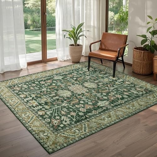 Brevonox 4x6 Area Rug Washable: Oriental Soft Area Rug for Living Room Bedroom No Shedding - Low Pile Thin Carpet Rug for Dining Room Non Slip - Boho Vintage Rug for Home Decor - Retro Forest Green